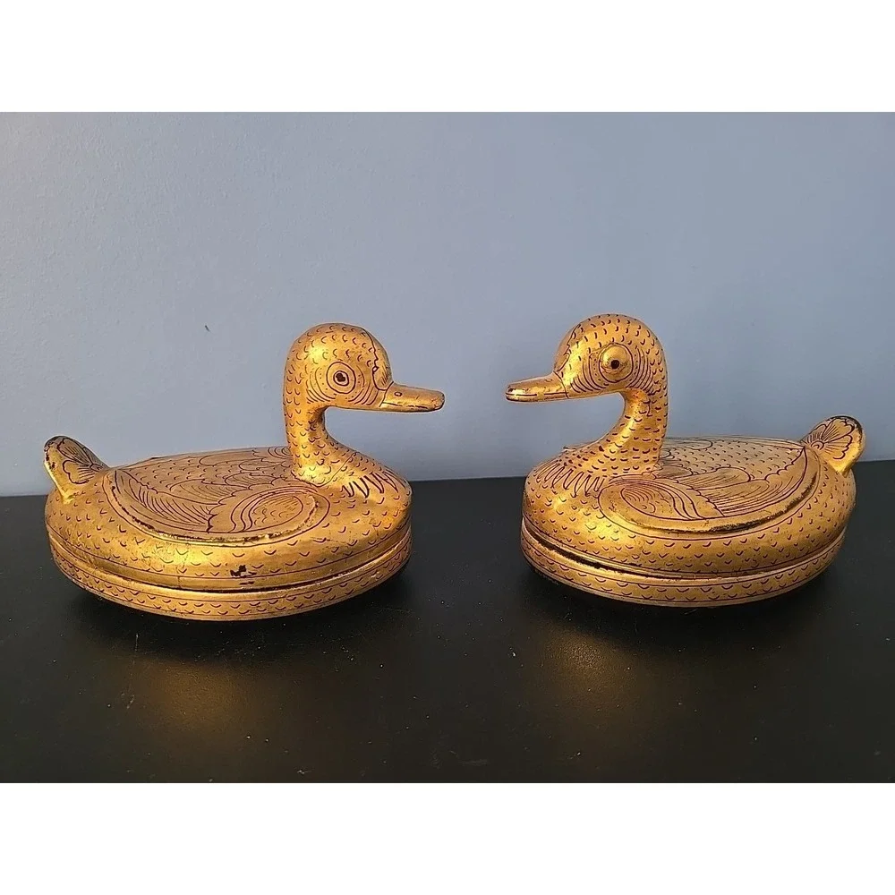 Pair of‎ Burmese Gold Gilt Lacquerware Ducks Trinket Boxes